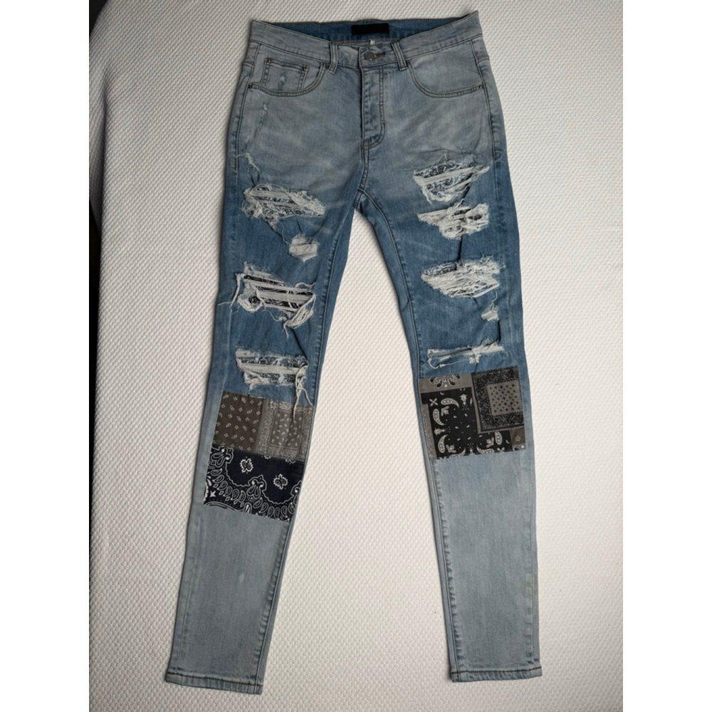 Men's AMIRI Light Blue Distressed Bandana Patch Skinny Jeans Waist 30